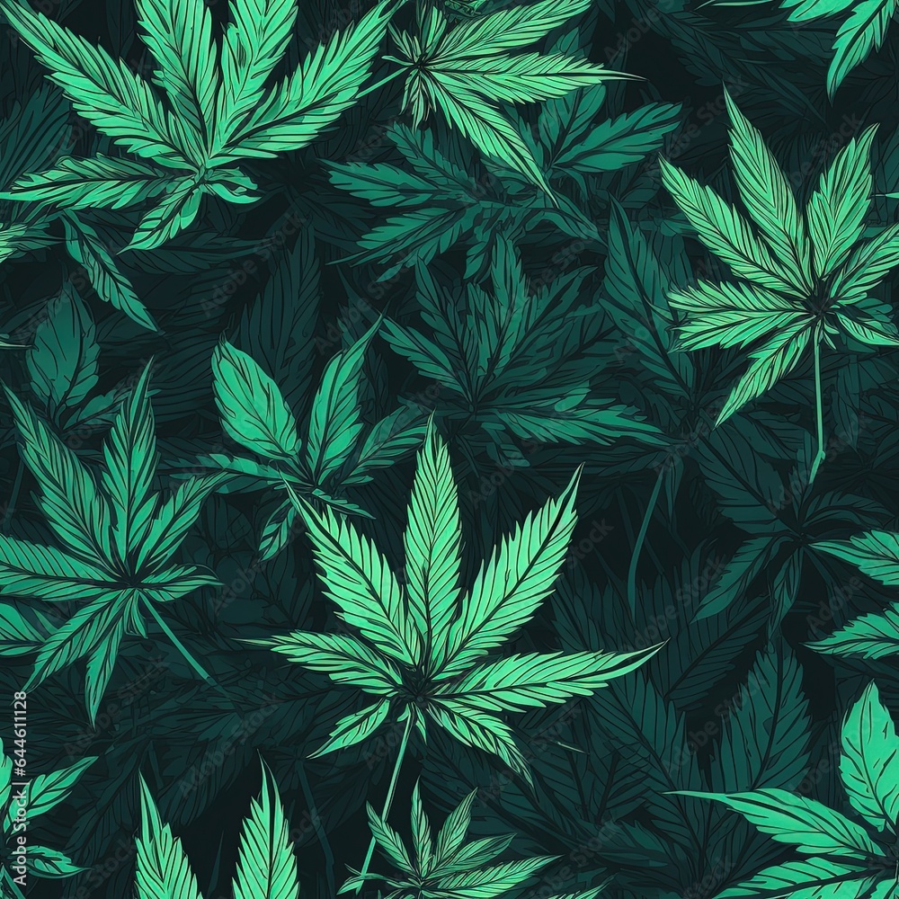 Cartoon style seamless cannabis, marijuana leaves, pattern texture digital print. Digital Wall Tile Decor For Home. Generative AI - obrazy, fototapety, plakaty 