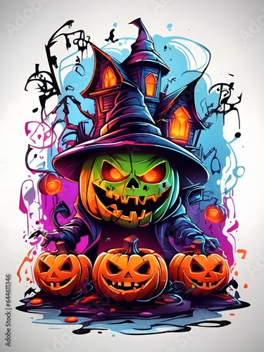 Colorful Witch Face Pumpkin Graffiti Illustration Halloween Pumpkin Tshirt Design Cute Wicked Evil Pumpkins Witch Pumpkin Graffiti Art AI Generative