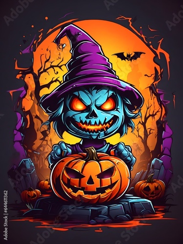 Colorful Witch Face Pumpkin Graffiti Illustration Halloween Pumpkin Tshirt Design Cute Wicked Evil Pumpkins Witch Pumpkin Graffiti Art AI Generative