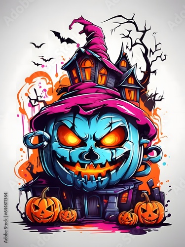 Colorful Witch Face Pumpkin Graffiti Illustration Halloween Pumpkin Tshirt Design Cute Wicked Evil Pumpkins Witch Pumpkin Graffiti Art AI Generative