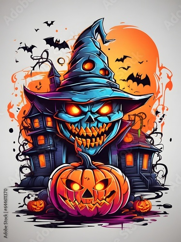 Colorful Witch Face Pumpkin Graffiti Illustration Halloween Pumpkin Tshirt Design Cute Wicked Evil Pumpkins Witch Pumpkin Graffiti Art AI Generative
