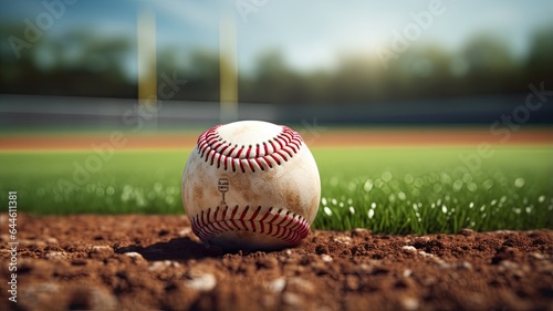 a pristine baseball resting on the infield grass, highlighting the details of the baseball's stitching and texture. The scene conveys the excitement and readiness for a game.