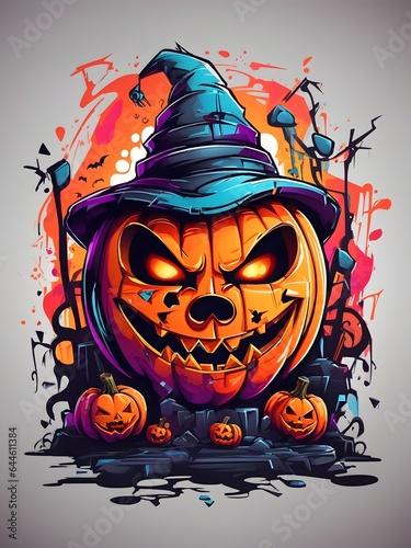 Colorful Witch Face Pumpkin Graffiti Illustration Halloween Pumpkin Tshirt Design Cute Wicked Evil Pumpkins Witch Pumpkin Graffiti Art AI Generative