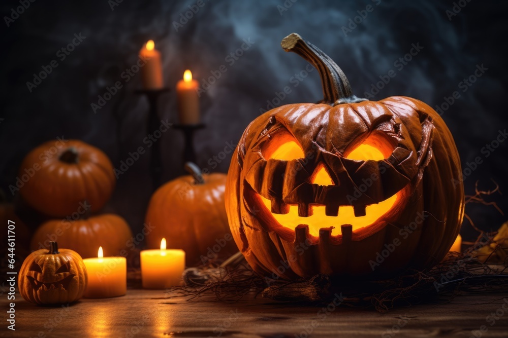 Creepy Halloween grinning pumpkin head jack lantern with little pumpkins and burning candles. Creative spooky holiday background