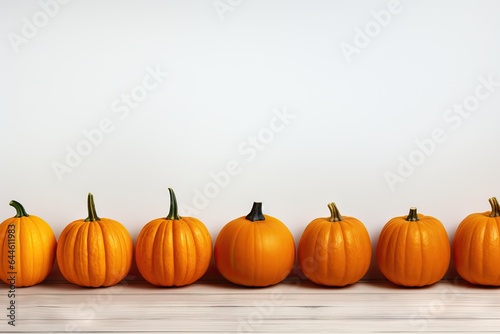  Autumn composition with fresh orange varieties of pumpkins  on white wooden background. Holiday decoration, festive autumn decor. Concept of Thanksgiving day or Halloween with copy space