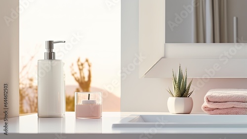 a soap dispenser  spa towel  and other bathroom accessories meticulously arranged on a pristine pastel countertop within a minimalist  white bathroom. The scene exudes the tranquility of a spa retreat