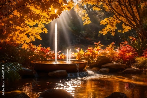 Within the heart of the autumn jungle  a water fountain exudes tranquility. AI Generative