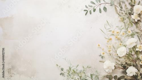 a delicate white paint texture adorned with meticulously arranged flowers, herbs, and leaves. The composition serves as a captivating background for wedding-themed wallpaper, invitations,