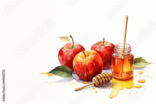 Rosh Hashanah (Jewish New Year Holiday) Seasonal Greetings Template, apples and honey, copy space.