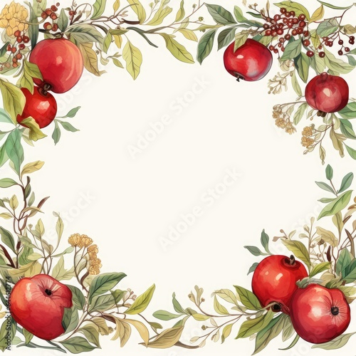 A frame made of pomegranate fruits and leaves, a design for a Rosh Hashanah greeting