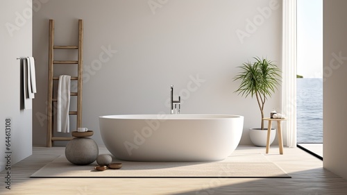 a modern white bathtub surrounded by pristine white towels and neatly placed slippers  all within a minimalist bathroom interior. The scene highlights the simplicity and elegance