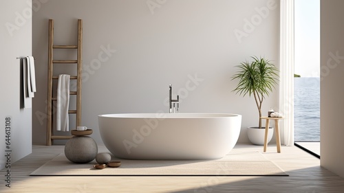 a modern white bathtub surrounded by pristine white towels and neatly placed slippers, all within a minimalist bathroom interior. The scene highlights the simplicity and elegance