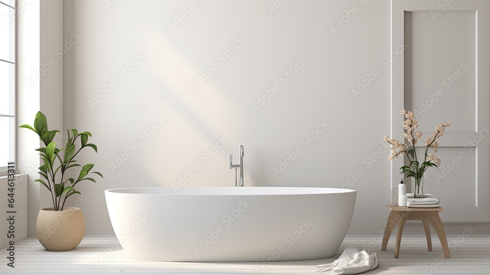 Fototapeta premium a modern white bathtub surrounded by pristine white towels and neatly placed slippers, all within a minimalist bathroom interior. The scene highlights the simplicity and elegance