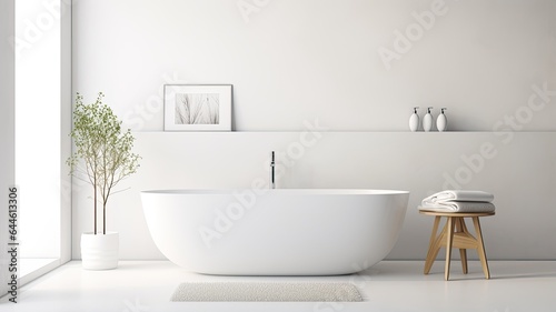 a modern white bathtub surrounded by pristine white towels and neatly placed slippers, all within a minimalist bathroom interior. The scene highlights the simplicity and elegance © lililia