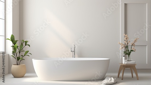 a modern white bathtub surrounded by pristine white towels and neatly placed slippers  all within a minimalist bathroom interior. The scene highlights the simplicity and elegance