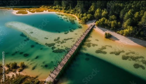 Aerial view of wooden pier leading to the sand lake with clear water. Lake Svityaz with transparent water is part of Shatsky National Natural Park and popular tourist attraction in Ukraine