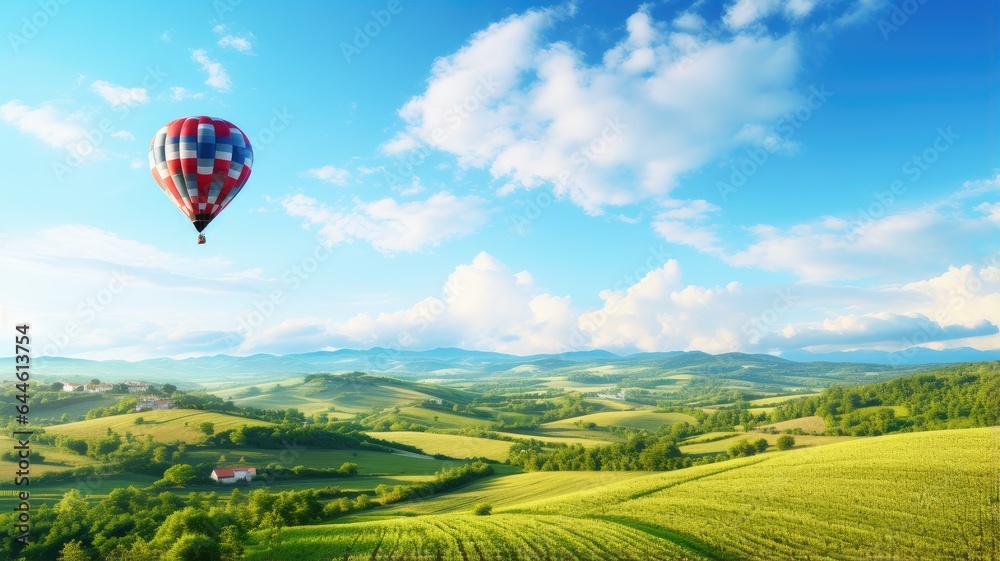 Obraz premium a colorful hot air balloon gracefully floating over a picturesque field with a radiant blue sky as the backdrop. The scene embodies the thrill of a hot air balloon ride.