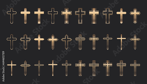 Flat Vector Golden Christian Cross Icons Set. Line Silhouette Cut Out Christian Crosses Collection