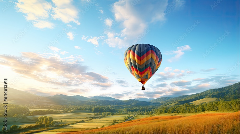 a colorful hot air balloon gracefully floating over a picturesque field with a radiant blue sky as the backdrop. The scene embodies the thrill of a hot air balloon ride.