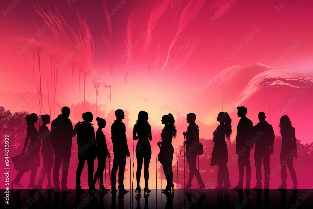 Mysterious silhouettes of individuals emerge against a vibrant pink neon background, creating a dynamic contrast that captures the essence of modern urban nights.