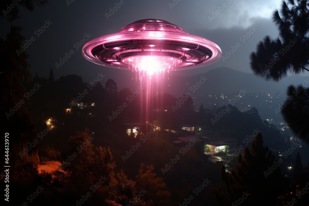 In a surreal tableau, a UFO emitting an intense pink neon glow hovers above isolated buildings in a dense forest, fusing the mysteries of extraterrestrial wonders with earthbound architecture. In a surreal tableau, a UFO emitting an intense pink neon glow hovers above isolated buildings in a dense forest, fusing the mysteries of extraterrestrial wonders with earthbound architecture.