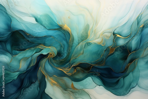 Sweeping strokes of sea-blue and green watercolors converge, intertwined with gold shimmering ripples, crafting a mesmerizing texture that evokes both oceanic depth and luxurious opulence.
