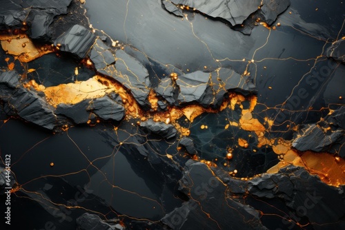 Against the profound depth of dark slate, scattered touches of gold emerge, offering sporadic bursts of opulence, crafting an interplay of elegance and raw texture.