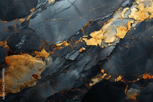 Against the profound depth of dark slate, scattered touches of gold emerge, offering sporadic bursts of opulence, crafting an interplay of elegance and raw texture.