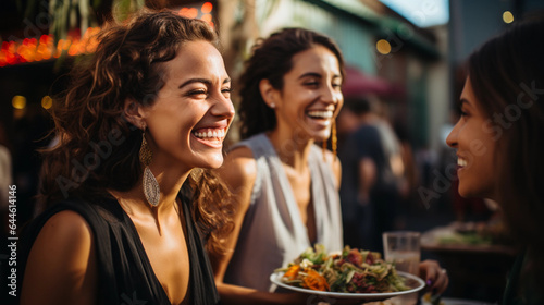 Beautiful happy women eating mexican streetfood on a mexican street with a blurry background © Milan