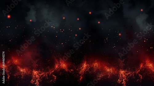 Background with fire sparks, embers and smoke. Overlay effect of burn coal, grill, hell or bonfire with flame glow, flying red sparkles and fog on black background, vector realistic border, poster © UMR