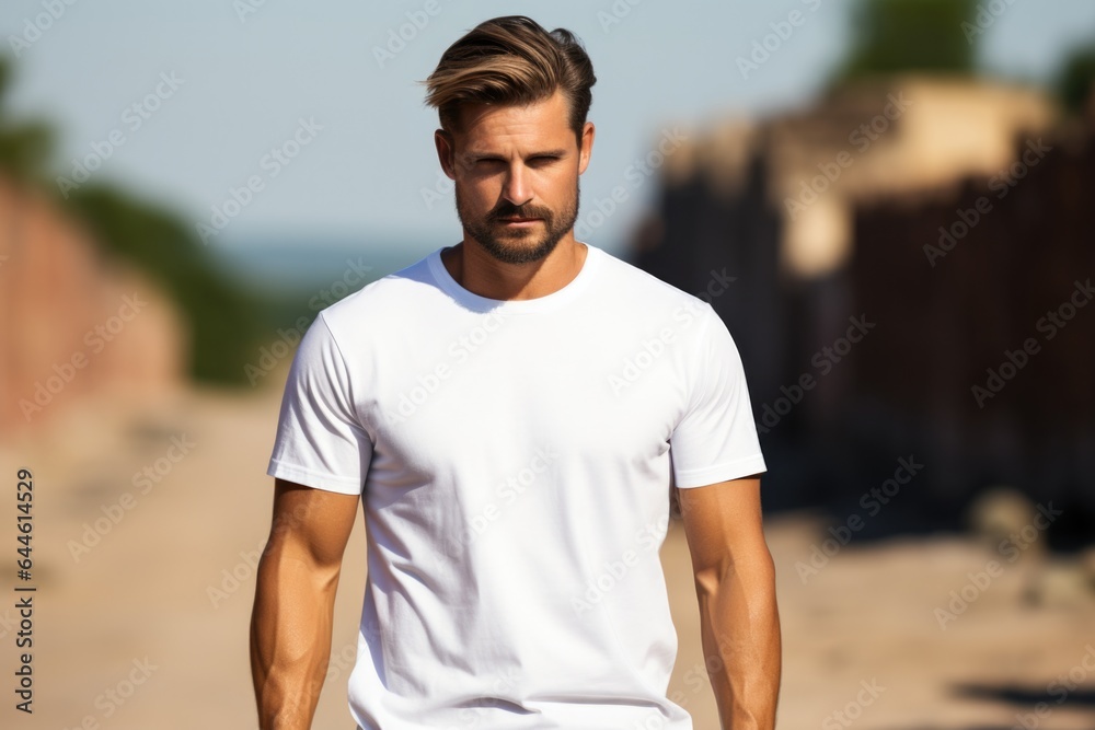 Handsome young man in white t-shirt on the beach. Mock up.