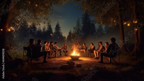 a vibrant campfire burning in a cast iron fire pit on a forest beach, with the enchanting backdrop of light bulb garlands draping through the trees. The scene embodies the allure of a summer night