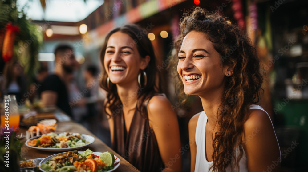 Beautiful happy women eating mexican streetfood on a mexican street with a blurry background