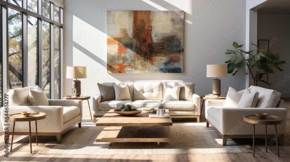 Fototapeta premium A cozy den full of inviting furniture, tasteful design, and a captivating painting on the wall that draws you in, creating an inviting atmosphere for relaxation and conversation