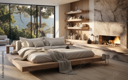 A cozy bedroom with a large window framing a majestic wintery mountain range, inviting one to cuddle up in the comfort of warm linens and plush pillows © mockupzord