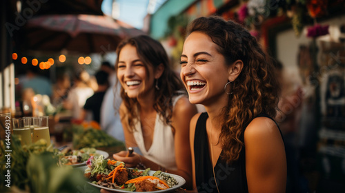 Beautiful happy women eating mexican streetfood on a mexican street with a blurry background
