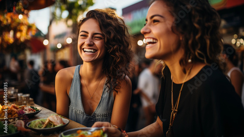 Beautiful happy women eating mexican streetfood on a mexican street with a blurry background