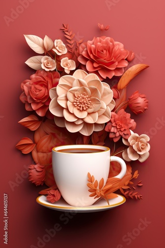 Coffee or tea composition with cup, leaves and flowers in paper cut style. Burgundy red background. Papercraft, quilling. Autumn hot drink concept for cafe, business card, menu page, banner, flyer