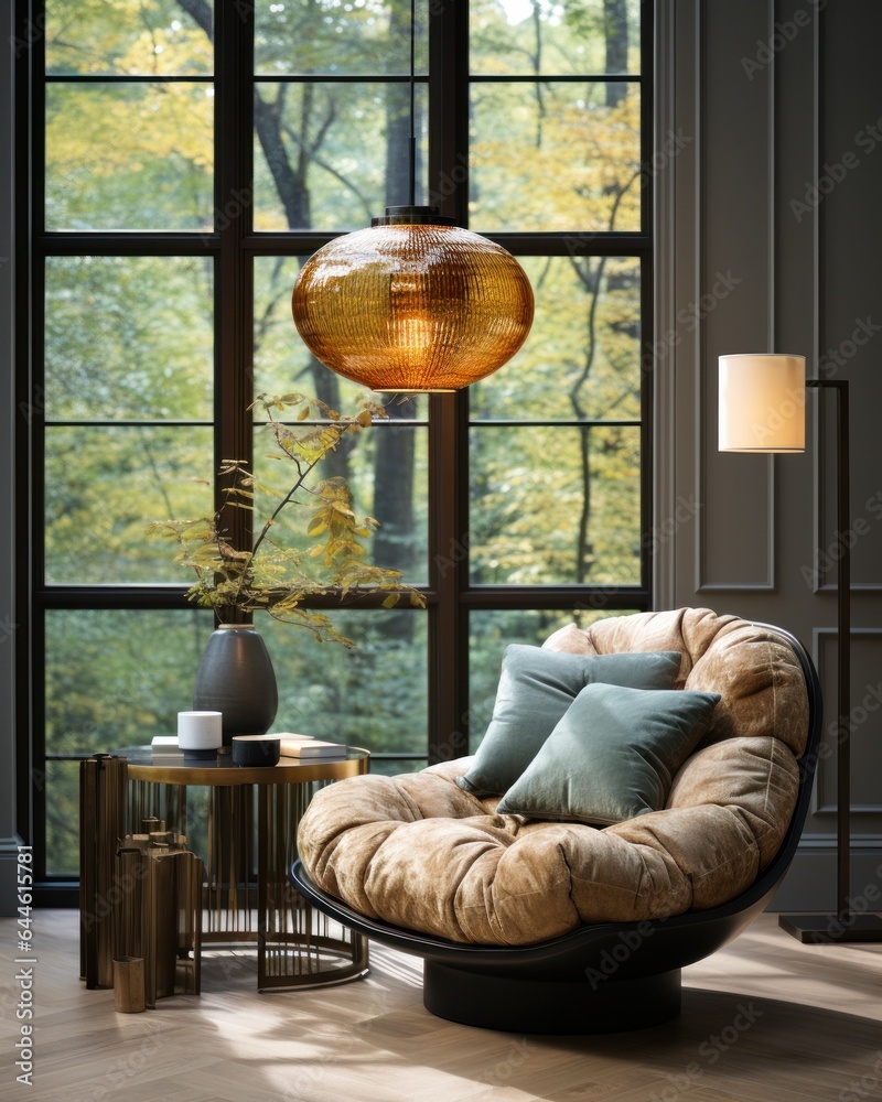 A cozy living room with an inviting couch, a stylish wall painting, and