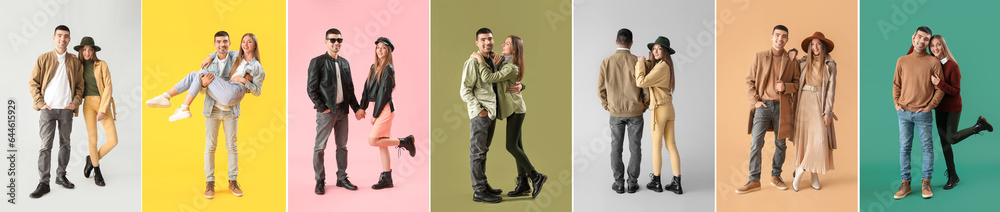 Fototapeta premium Collage of stylish young couple in autumn clothes on color background