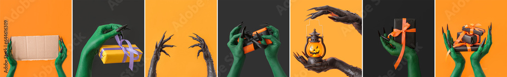 Collage of creepy witch's hands on orange and black backgrounds. Halloween celebration