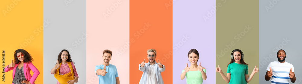 Set of happy people showing thumb-up gesture on color background Set of happy people showing thumb-up gesture on color background