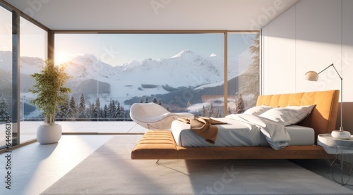 A cozy bedroom, with walls painted in a warm hue, boasts a luxurious bed surrounded by plush pillows and furniture, all illuminated by a large window that overlooks a majestic snow-capped mountain ra
