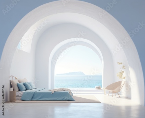 A cozy bedroom with a large arch window framing an awe-inspiring view of the vast sky and the ever-changing horizon of the ocean below, filled with warm colors, inviting furniture, and soft pillows t © mockupzord