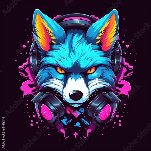 a cartoon fox gaming with neon colors