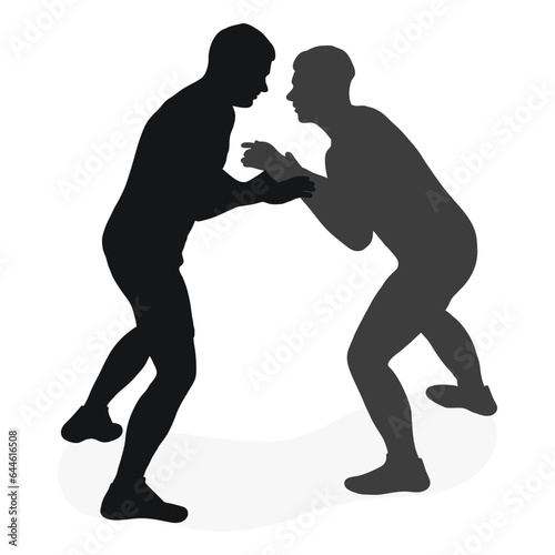 Image of a silhouette of a wrestler athlete in a fighting pose. Greco Roman wrestling, combating, duel, fight, martial art, sportsmanship