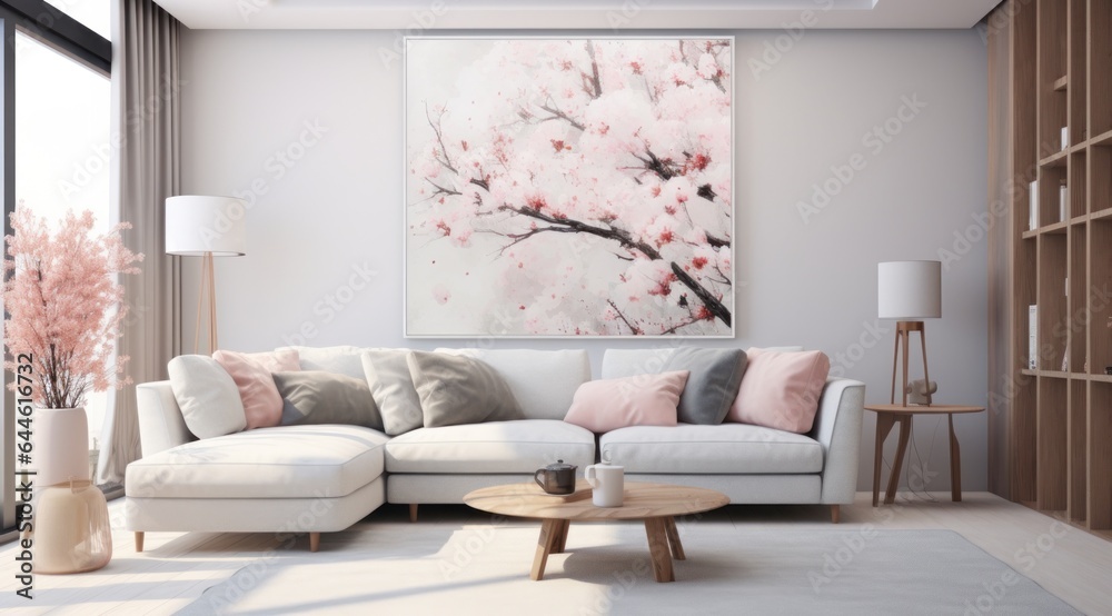 Fototapeta premium This cozy living room, complete with a vibrant painting on the wall, inviting furniture, and vibrant floral accents, creates a warm and inviting atmosphere perfect for relaxing and unwinding