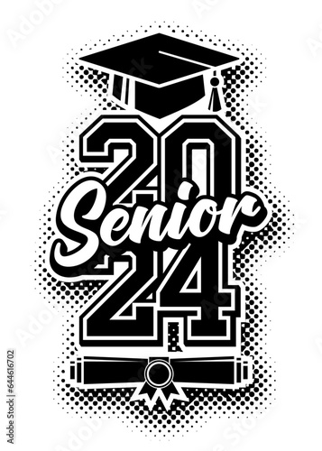 2024 senior class graduate. Concept of decorate congratulation for school graduates. Design for t-shirt, flyer, invitation, greeting card. Vector on transparent background