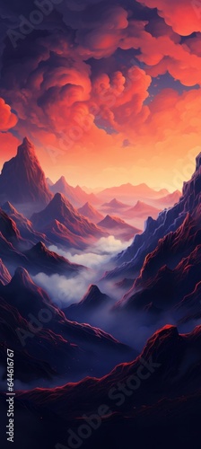 As the sky glows in a vivid orange hue, the majestic mountainscape is awash in a serene afterglow, reminding us of the beauty and majesty of nature © mockupzord