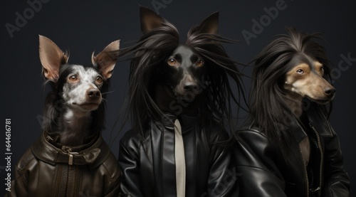 A pack of black leather-clad dogs with wild, flowing hair exudes a sense of daring and adventure © mockupzord